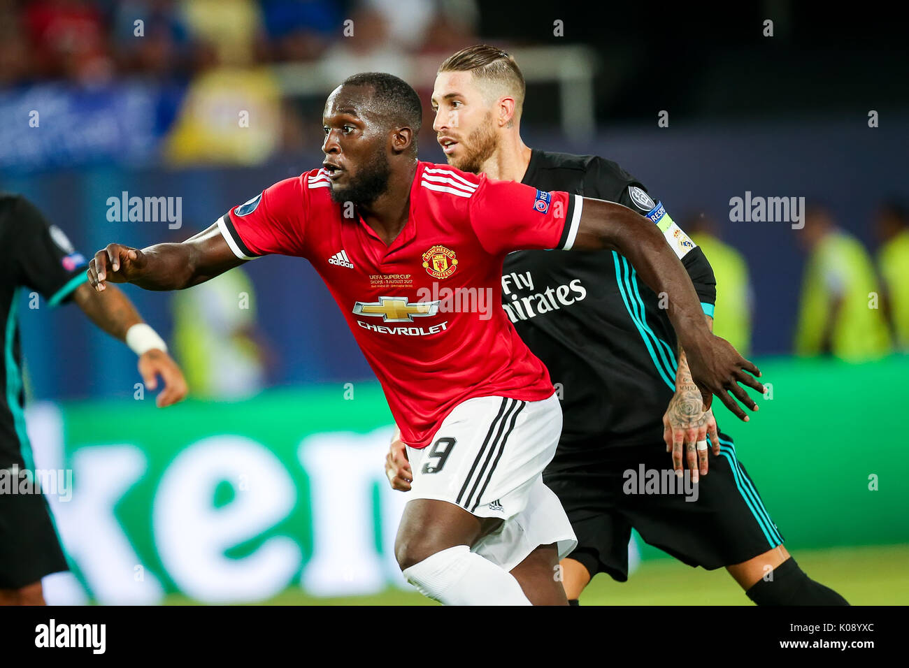 Skopje, FYROM - August 8,2017: Manchester United Romelu Lukaku während der UEFA Super Cup Finale zwischen Real Madrid und Manchester United an Phil Stockfoto