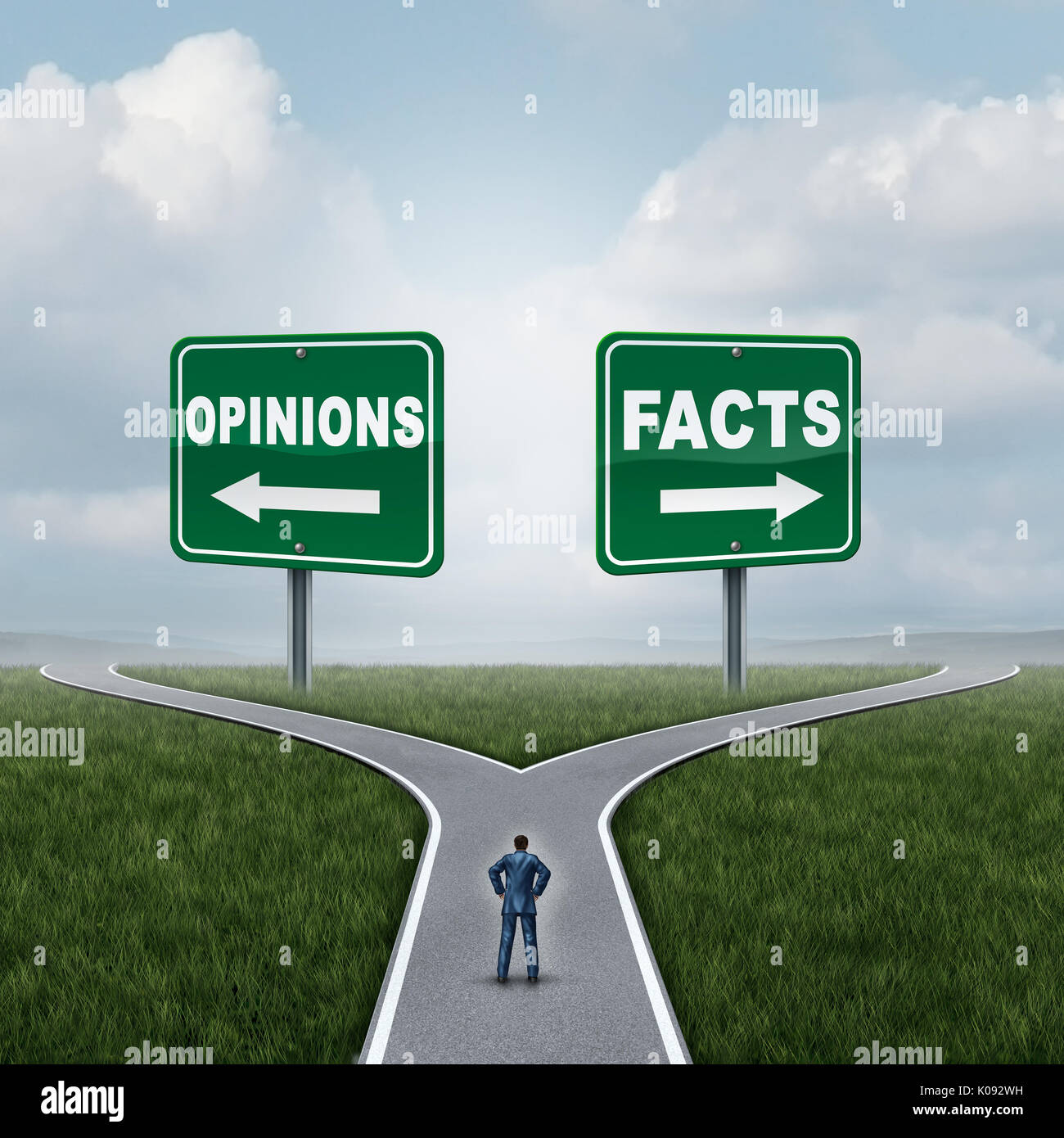 Meinungen oder Fakten Dilemma, wie eine Person, die an einer Kreuzung oder Abzweigung zwischen Meinung und Tatsache Zeichen mit entgegengesetzten Pfeil Richtungen. Stockfoto