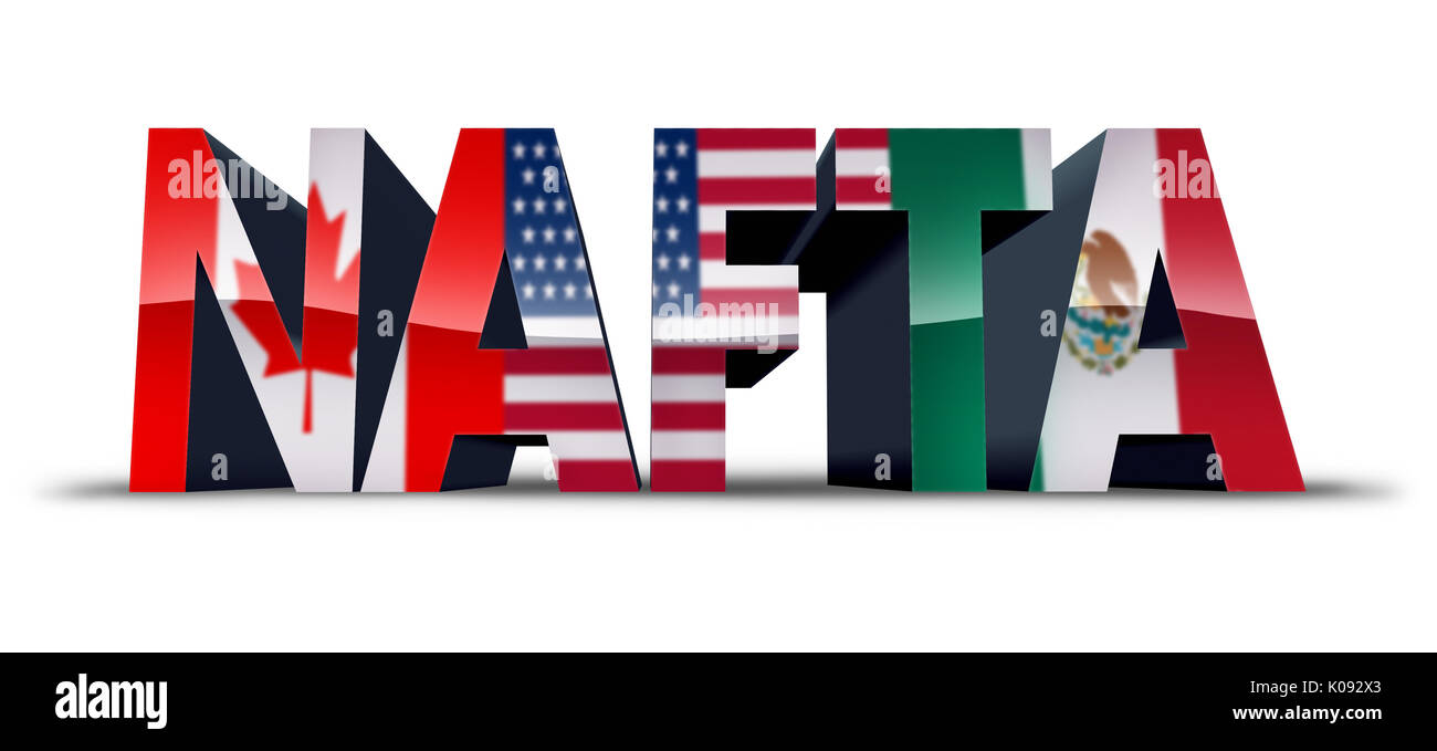 NAFTA oder die North American Free Trade Agreement Symbol wie die Flaggen der Vereinigten Staaten von Mexiko und Kanada als Handelsabkommen verhandelt. Stockfoto