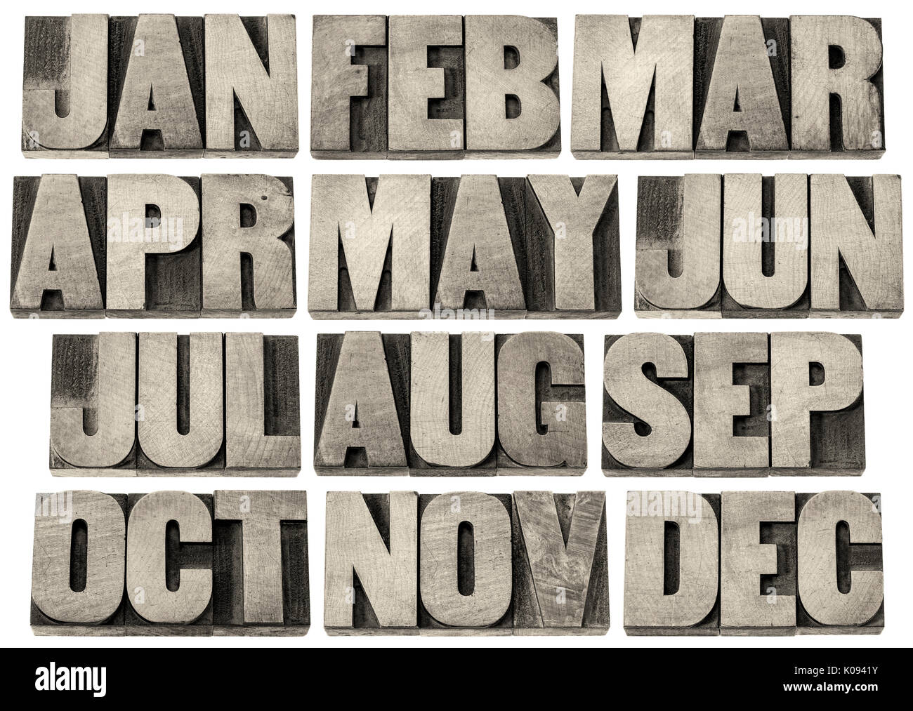 12 Monate von Januar bis Dezember - eine Collage von isolierten 3 Buchstaben Symbole in Vintage buchdruck Holz Bausteine vom Typ, Schwarze und Weiße in warmen Farbtönen Bild Stockfoto