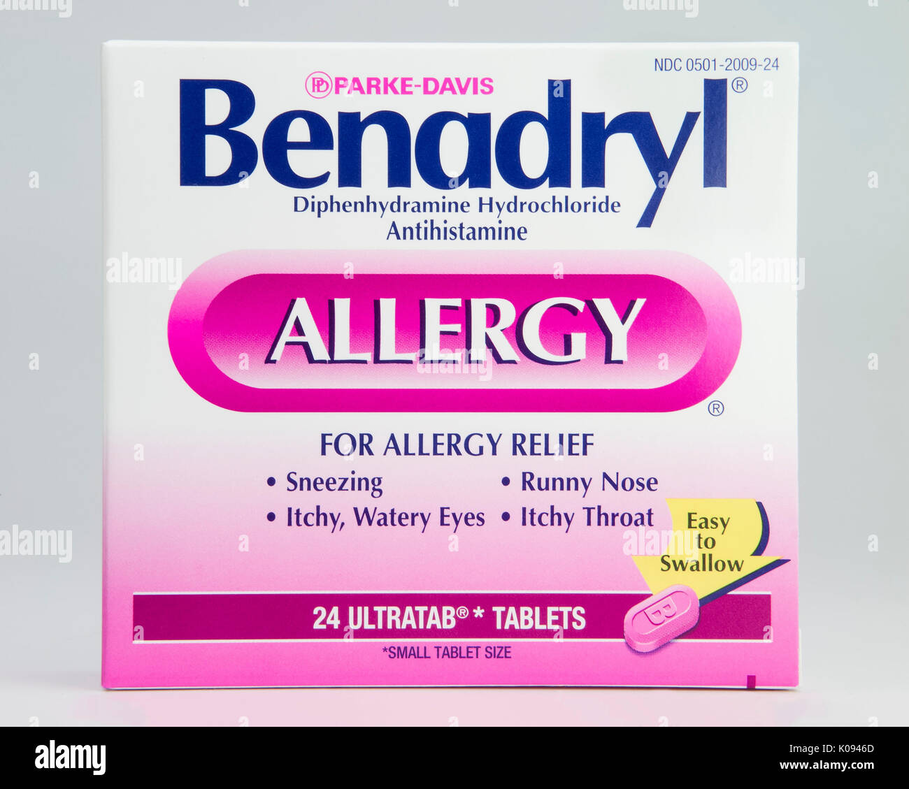 Paket der Droge Benadryl eine Allergie Medizin Stockfoto