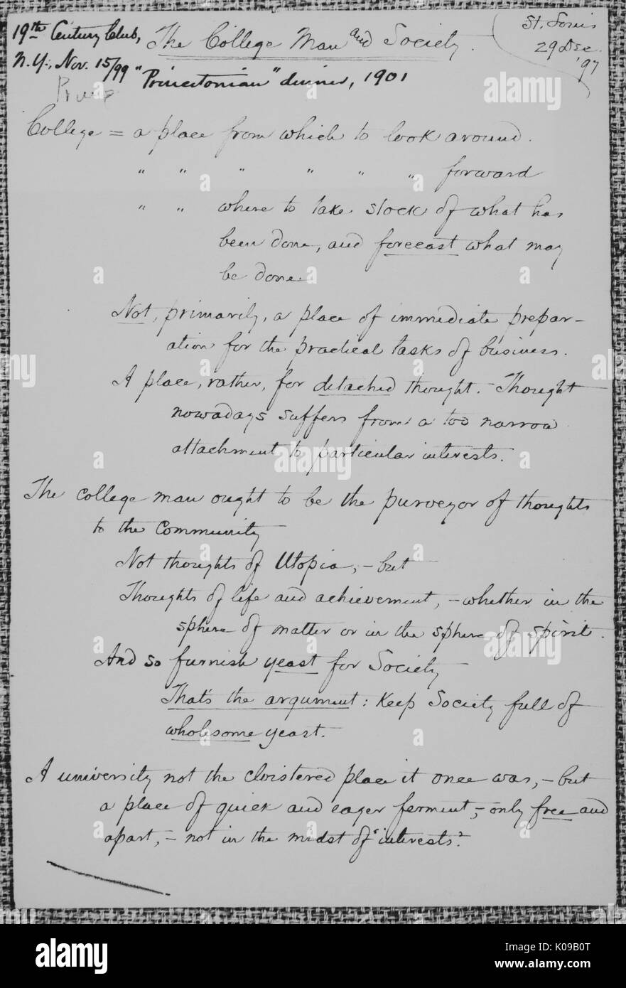 Hinweise für eine Adresse auf den 15. November 1899 geliefert werden, vor dem 19. Jahrhundert Club in New York City auf der Hochschule Mensch und Gesellschaft, 1899. Stockfoto