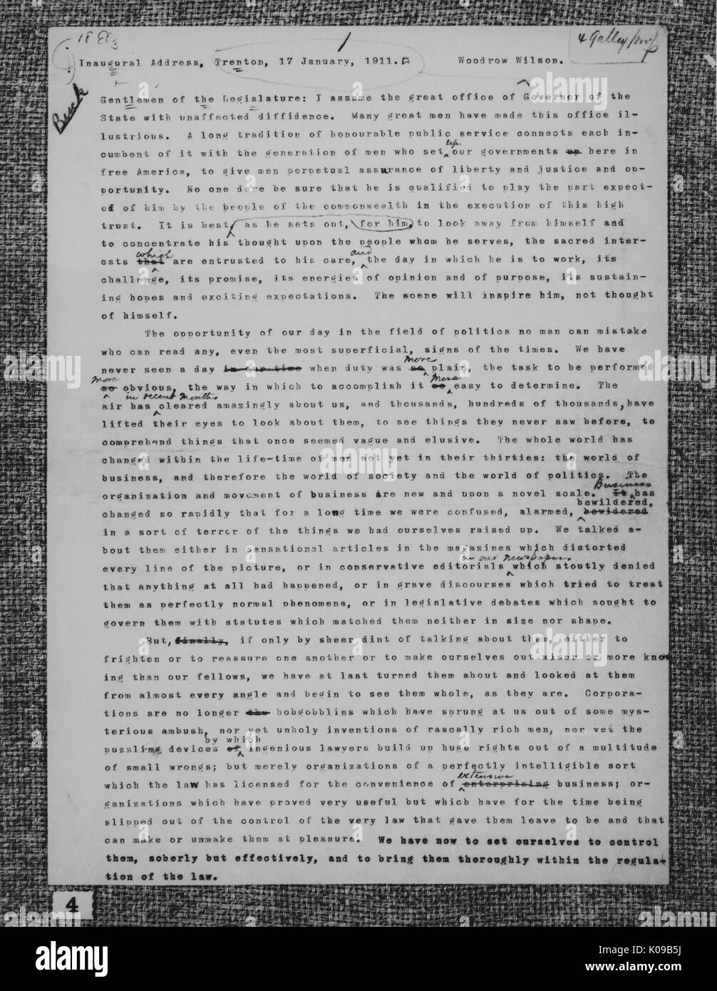 Erste Seite Der Entwurf der Antrittsrede als Gouverneur von New Jersey, 17. Januar 1911. Stockfoto