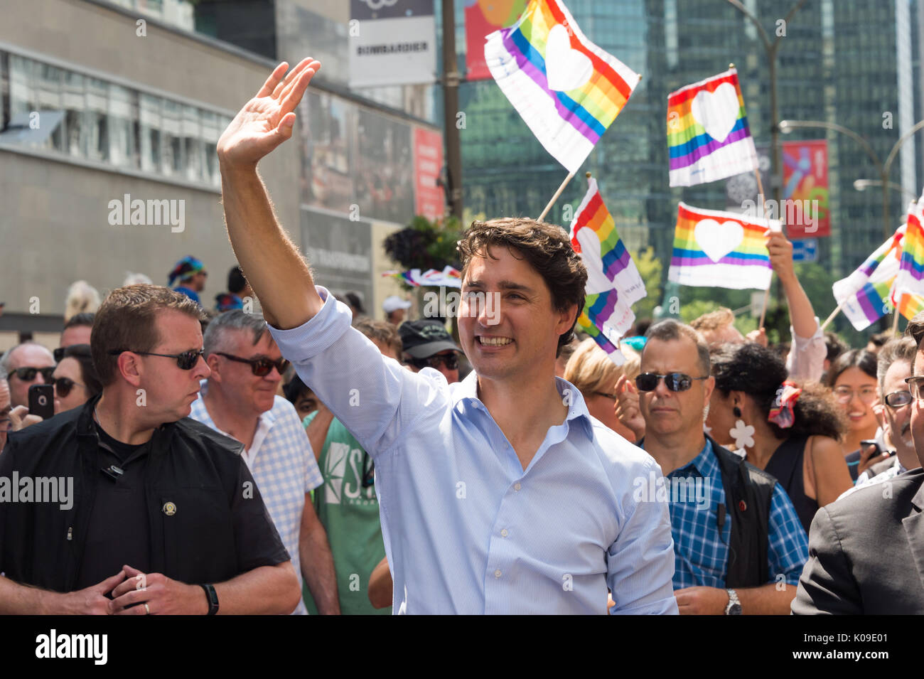 Montreal, Kanada. 20. August 2017. Kanadische Premierminister Justin Trudeau nimmt Teil an Montreal Pride Parade. Stockfoto