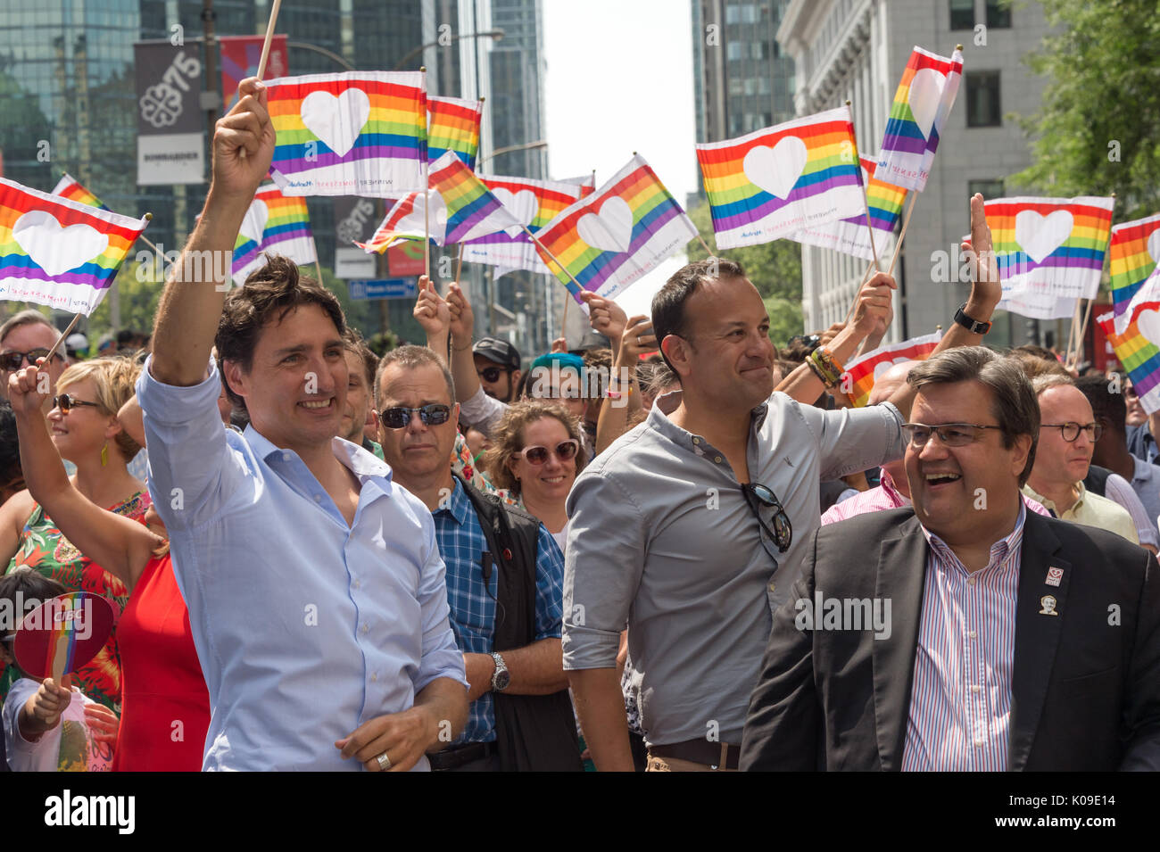 Montreal, Kanada - 20 August 2017. Kanadische Premierminister Justin Trudeau, Montreal Bürgermeister Denis Coderre und Irlands Premierminister Leo Varadkar nehmen p Stockfoto