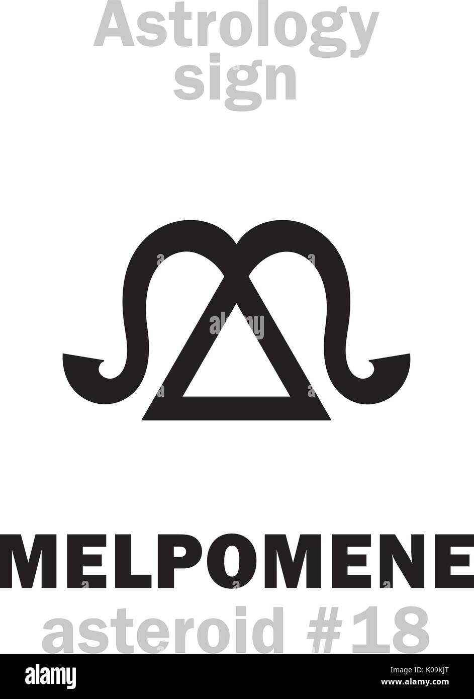 Astrologie Alphabet: Muse MELPOMENE (Tragödie), Asteroid Nr. 18. Hieroglyphen Zeichen Zeichen (Symbol). Stock Vektor