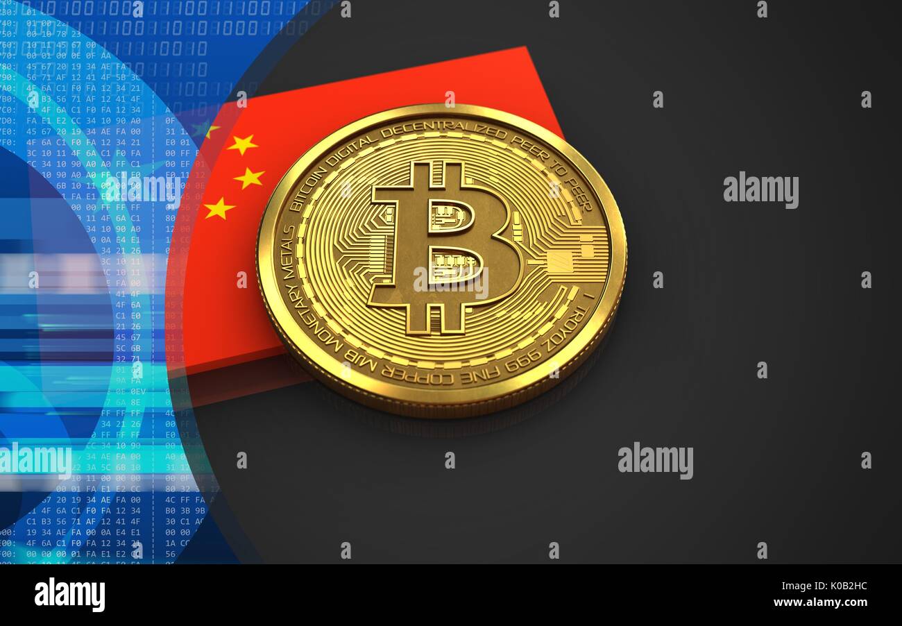 3D-Darstellung der bitcoin über schwarzen Hintergrund mit China Flagge Stockfoto