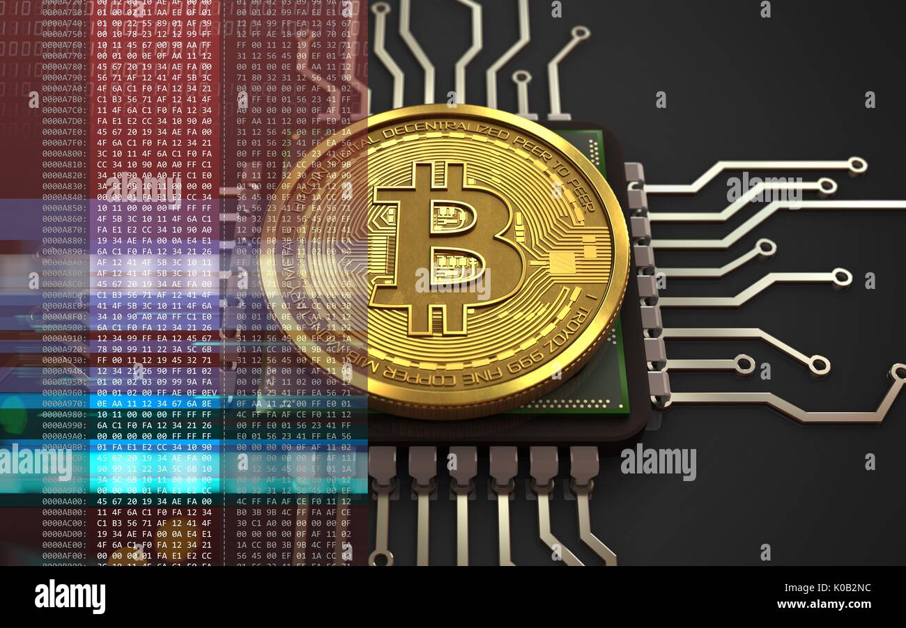 3D-Darstellung der bitcoin über schwarzen Hintergrund mit CPU Stockfoto