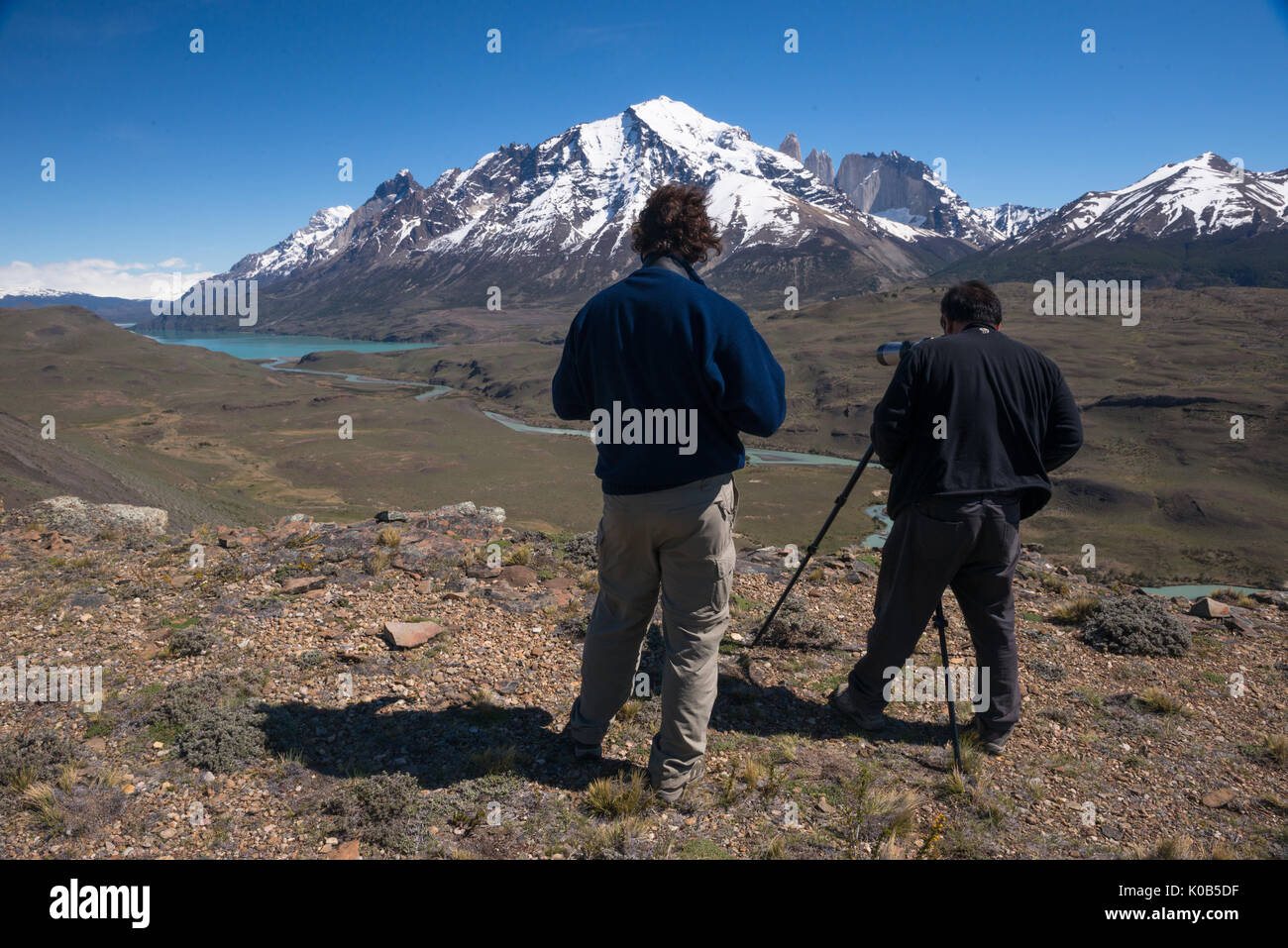 Ein puma Tracker und Client im Torres del Paine Stockfoto