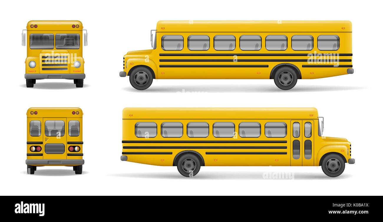Yellow School Bus vorne, hinten und von der Seite. Transport und Verkehr, an die Schule zurück. Relistic bus mockup. Vector Illustration Stock Vektor