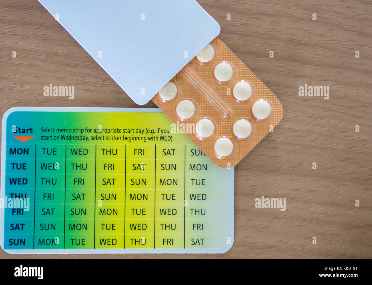 Empfängnisverhütende Pillen auf dem Tisch Stockfoto