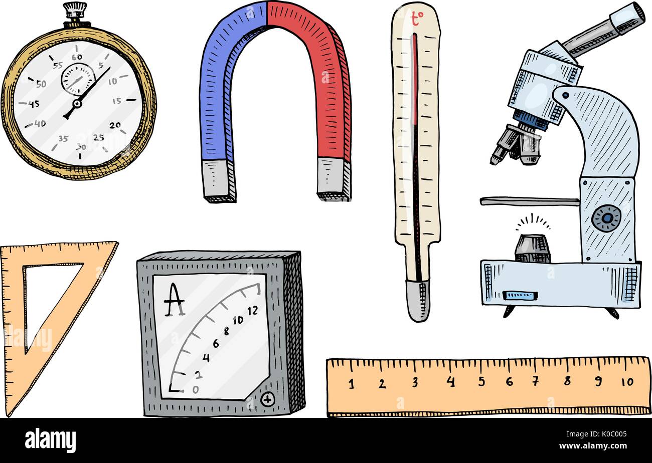 Kompass und Magnet, Alpelmet mit Thermometer und Mikroskop. gravierte  handgezeichnete in alten Skizze und Vintage Symbole Berechnung in der  Physik zurück zu Schule Element of Science und Labor Experimente  Stock-Vektorgrafik - Alamy