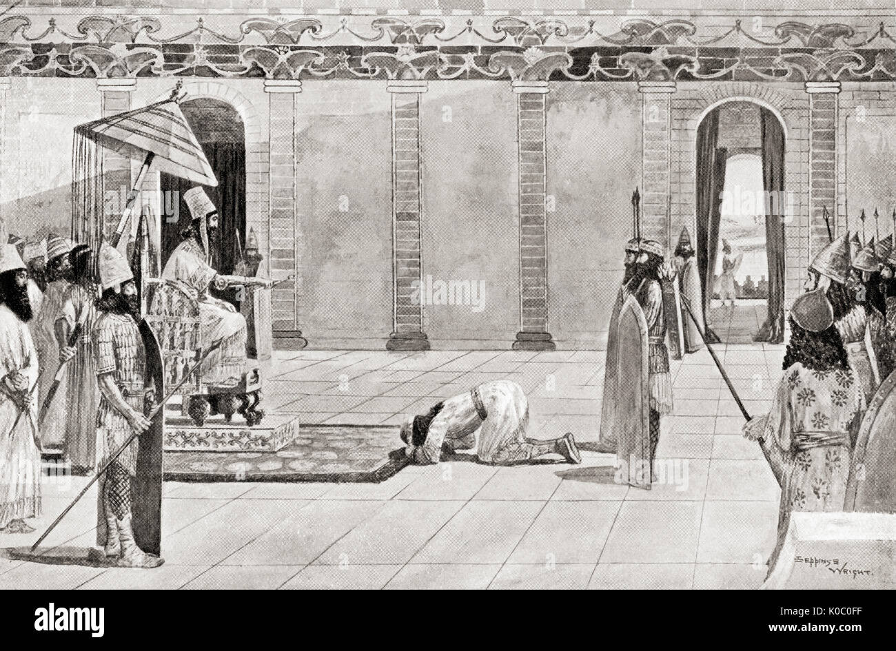 Nabonidus König von Babylonien, von Anweisungen zu Belsazar. Auf dem Vorfeld der Perser in 539 BC, er setzte sein Sohn Belsazar im Befehl der Armee und begnügte sich mit Senden von Nachrichten an die Front. Nabonidus, letzte König des Neubabylonischen Reiches, Regierende von 556 - 539 v. Chr.. Von Hutchinson's Geschichte der Nationen, veröffentlicht 1915. Stockfoto
