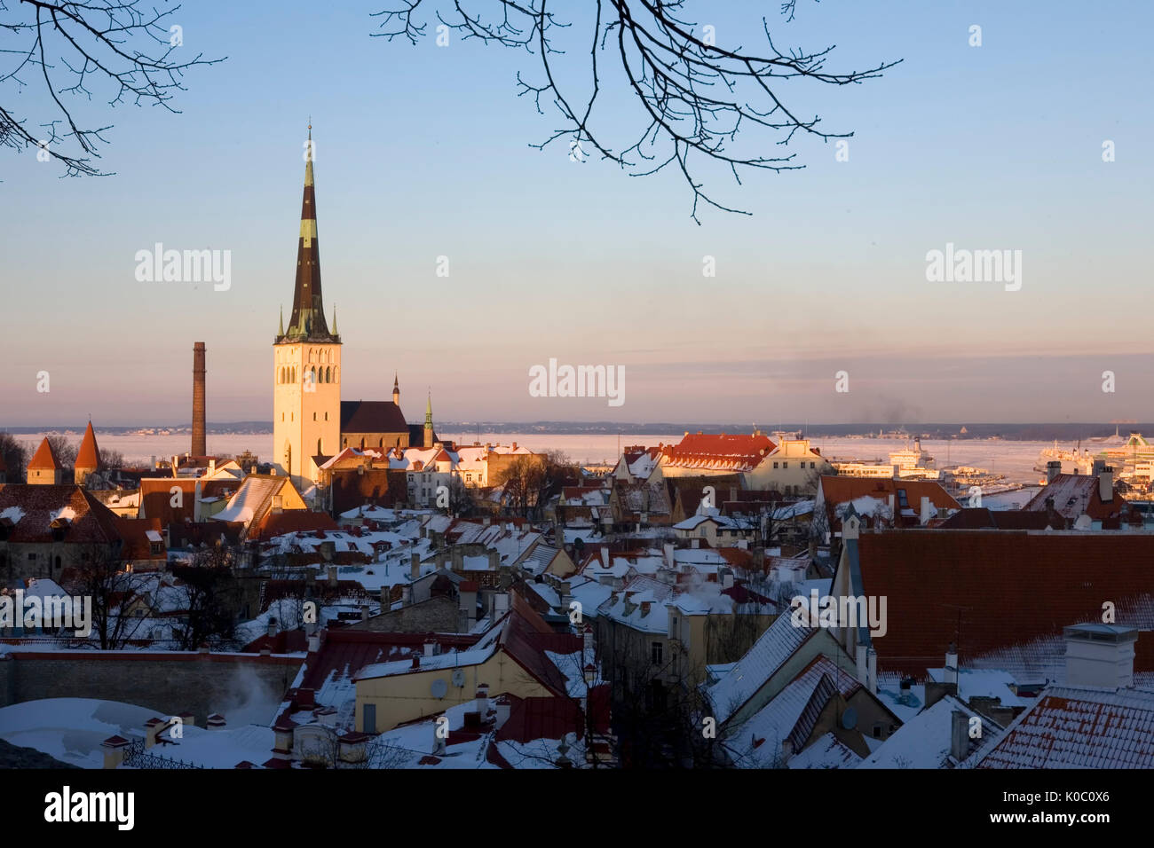 Alle - Linn (untere Altstadt) und der Turm der Oleviste Kirik (St. Olaf Kirche) von Kohtuotsa Viewpoint, Tallinn, Estland, an einem eiskalten Winterabend Stockfoto