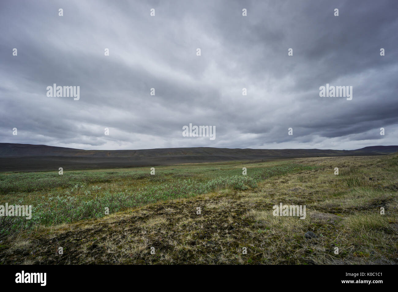 Island - Dunkle Atmosphäre an einsame flache Landschaft vulkanischen Ursprungs Stockfoto