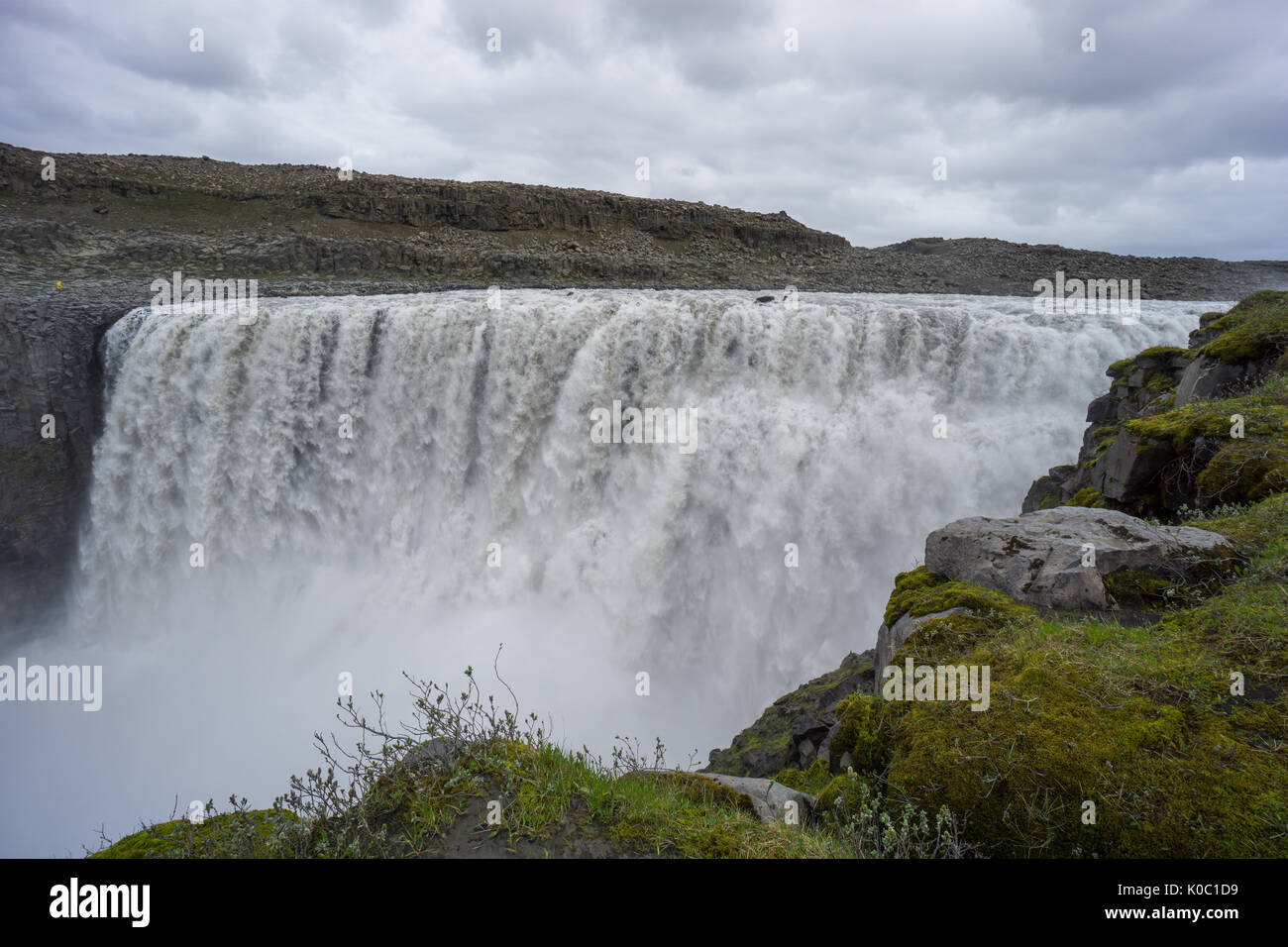 Island - Moos bedeckt grüne Steine auf magische detifoss Wasserfall Stockfoto
