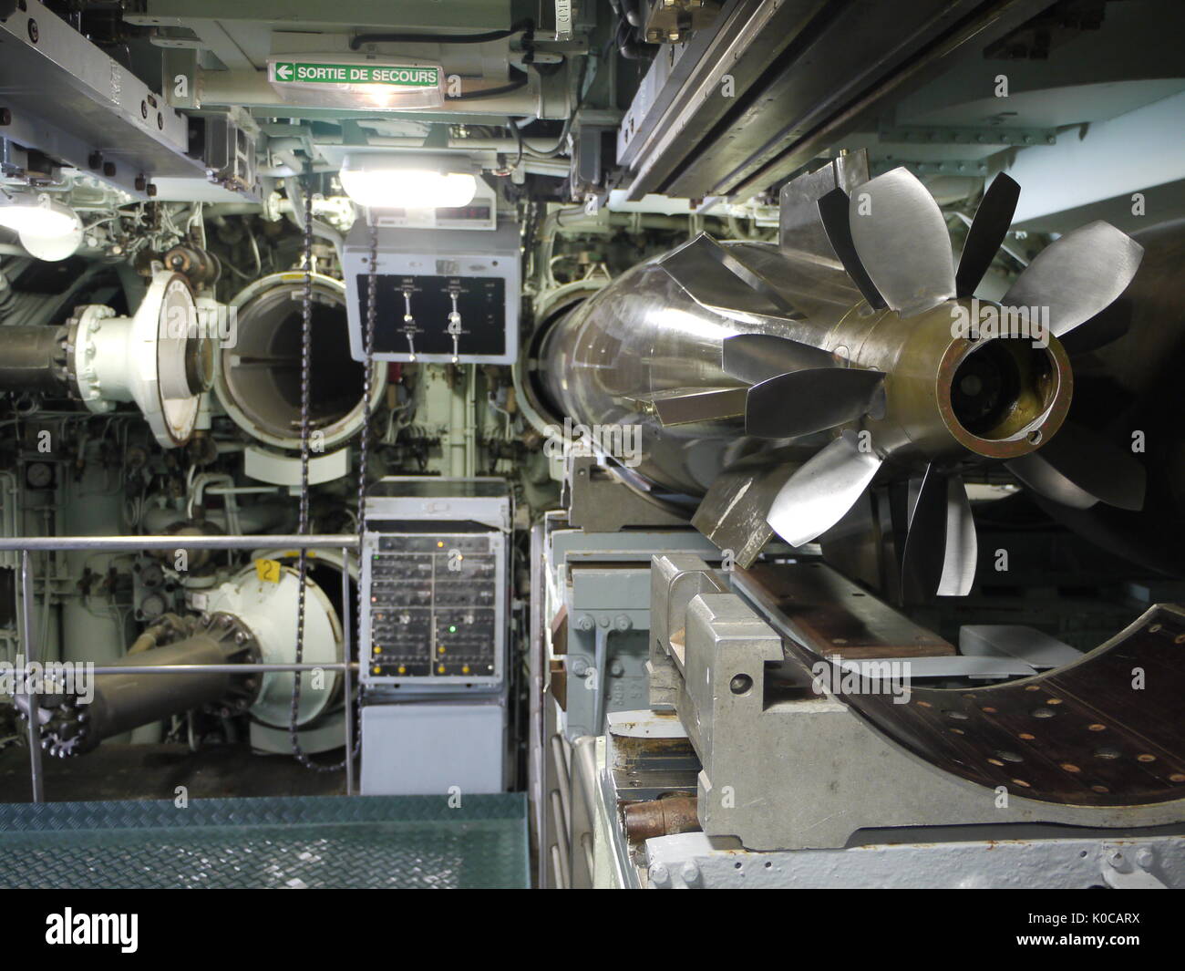Torpedo Zimmer von Le Redoutable, ersten französischen Atom-U-Boot mit ballistischen Raketen und Raketenwerfer, bei Cherbourg, Frankreich Stockfoto