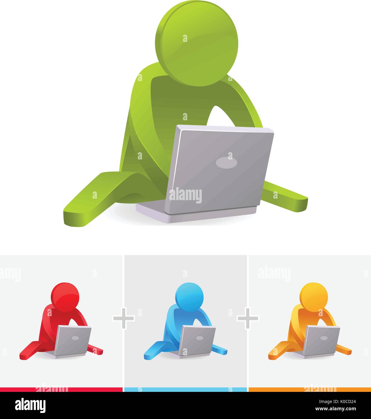 3D-Vektor Strichmännchen sitzen auf dem Boden, während Sie ein Notebook oder Laptop Stock Vektor