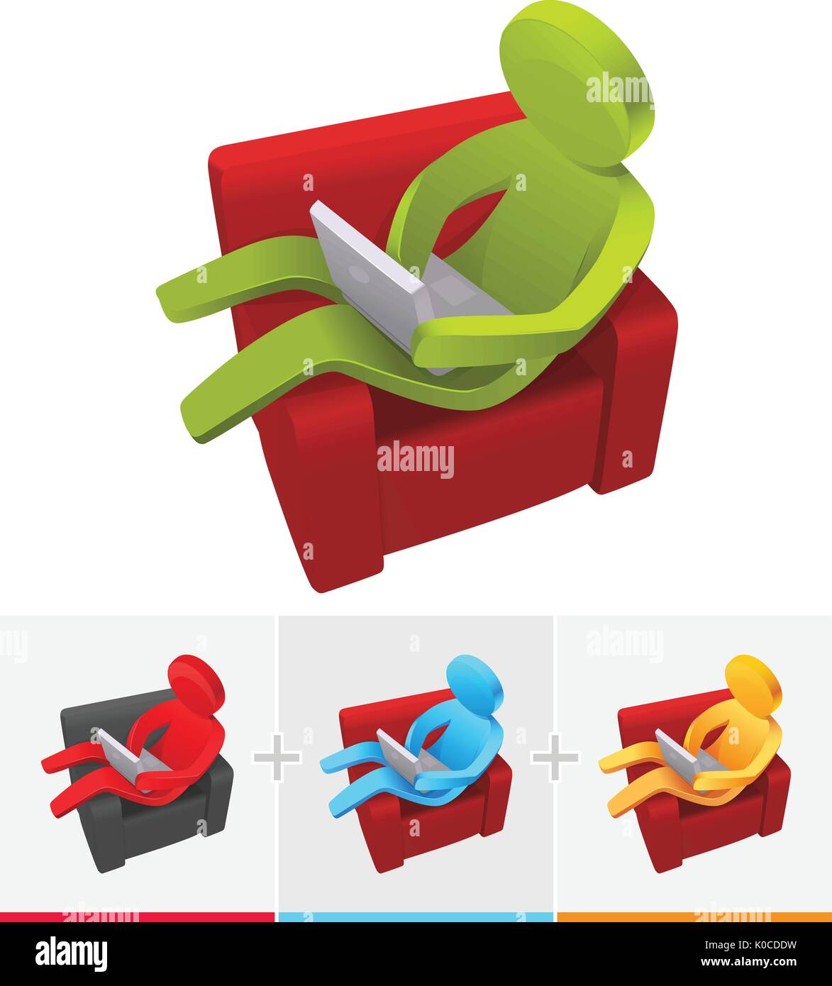3D-Vektor Strichmännchen im Internet surfen, während Sie sich auf einem Sofa Stock Vektor