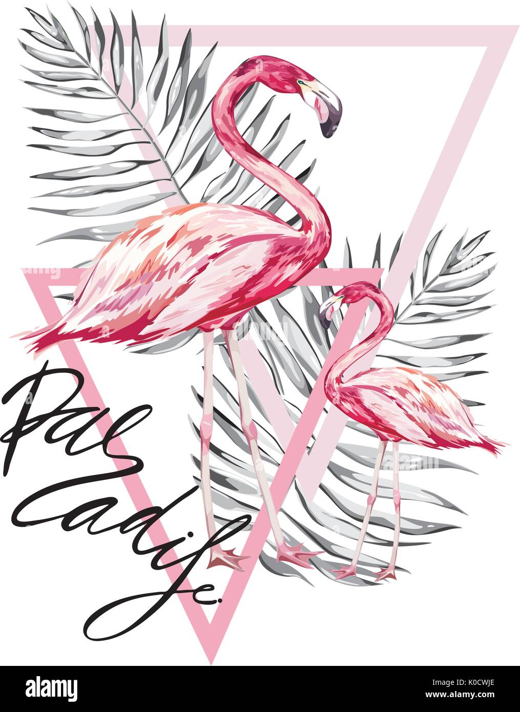 Wort-Paradies. Zwei Flamingos mit tropischen Blättern. Element für die Gestaltung von Einladungen, Filmplakate, Stoffen und anderen Objekten. Auf weiß isoliert. Geometrie gesetzt wird. Vector EPS 10. Stock Vektor