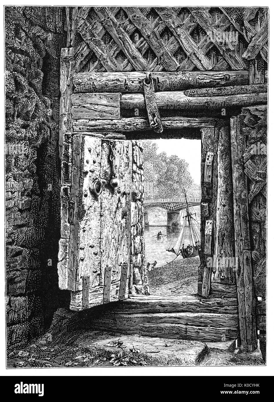 1870: Blick vom Tor der Burg Chepstow, Monmouthshire, Wales Chepstow Castle in Monmouthshire, Wales ist die älteste erhaltene Post-römischen Stein Festung in Großbritannien. Über Klippen auf dem Fluss Wye gelegen, der Bau begann im Jahre 1067. Vom 16. Jahrhundert seine militärische Bedeutung hatte nachgelassen und Teilen seiner Struktur wurden in die inländische reicht umgewandelt. Obwohl re - während und nach dem Englischen Bürgerkrieg garrisoned, durch das 1700s es in Verfall fiel. Stockfoto