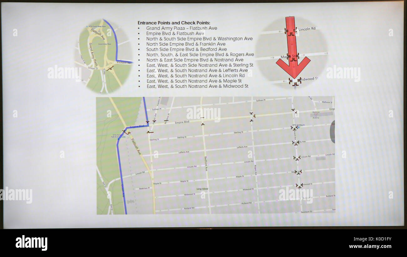 NYPD-generierten Diagramm von Access Points in die Flatbush Avenue. NYC Bürgermeister Bill De Blasio joined NYPD Kommissar James O'Neill, Brooklyn Borough Präsident Eric Adams & andere Beamte in Brooklyn, ankündigen zu können, dass die Pre-dawn Feier zum Tag der Arbeit, bekannt als J'Ouvert auf wird eine neue Form ähnlich zu Silvester feiern in Times Square nehmen. Diese Änderungen, die eine spätere Startzeit und eingeschränkten Zugriff auf die Parade Route, sind entworfen, um die Gewalt, die den letzten J'Ouverts gequält hat und führten zu einigen fordert Ihre Stornierung zu reduzieren. (Foto von Andy Katz/Pacific Press) Stockfoto