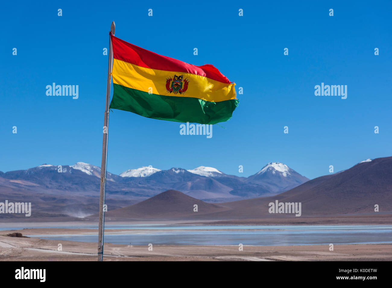 Südamerika, Anden, Altiplano, Bolivien, Bolivien Grenze zu Chile mit Fahne Stockfoto