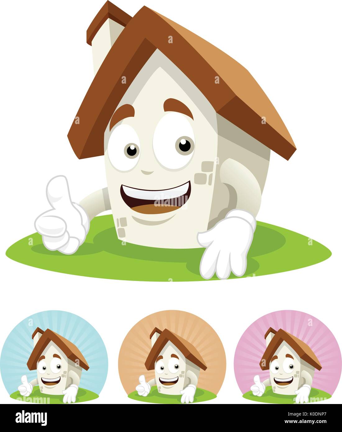 Haus Zeichentrickfigur Abbildung lächelnd während seiner rechten Daumen hoch Stock Vektor