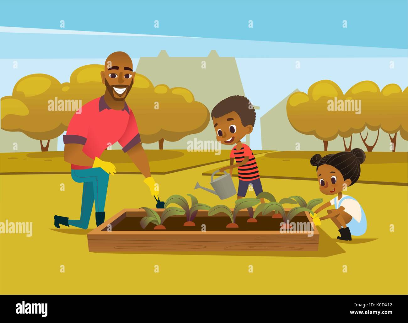 Fröhliche afrikanischen amerikanischen Vater und zwei Kindern in Gummistiefel angezogen kultivieren Gemüse wächst im Bett gegen Bäume auf Hintergrund. Konzept der Aktivitäten für die ganze Familie im Garten. Vector Illustration. Stock Vektor
