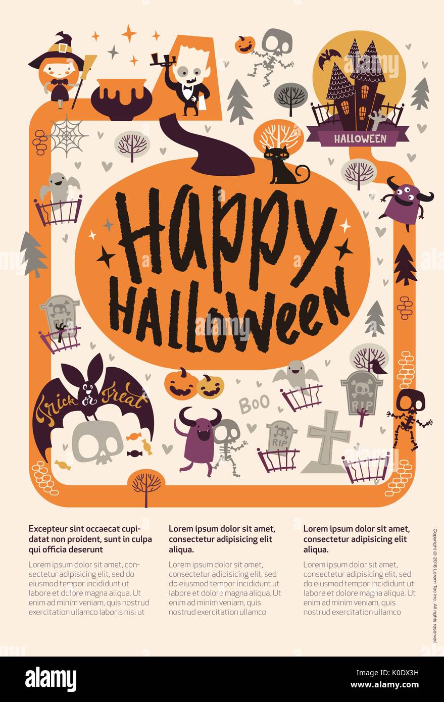 Schönen Urlaub Happy Halloween flyer Vorlage mit lustigen und gruseligen Comicfiguren und Platz für Text. Vector Illustration für festliche Party Einladung, Grußkarte, Ansage Banner. Stock Vektor