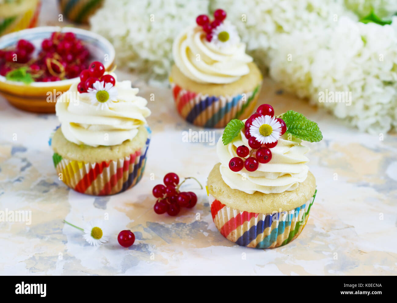 Sanfte Cupcake mit Sahne und Beeren auf einem hellen Hintergrund. Stockfoto Sanfte Cupcake mit Sahne und Beeren auf einem hellen Hintergrund. Stockfoto