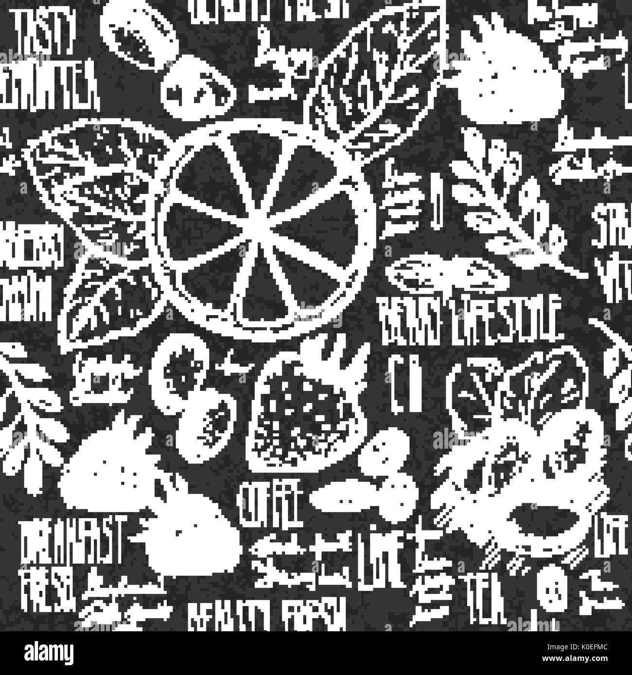 Nahtlose Hintergrund skizziert Frühstück mit Croissant, Zitrone und Beeren. Drawned auf Tafel mit Kreide. Stock Vektor