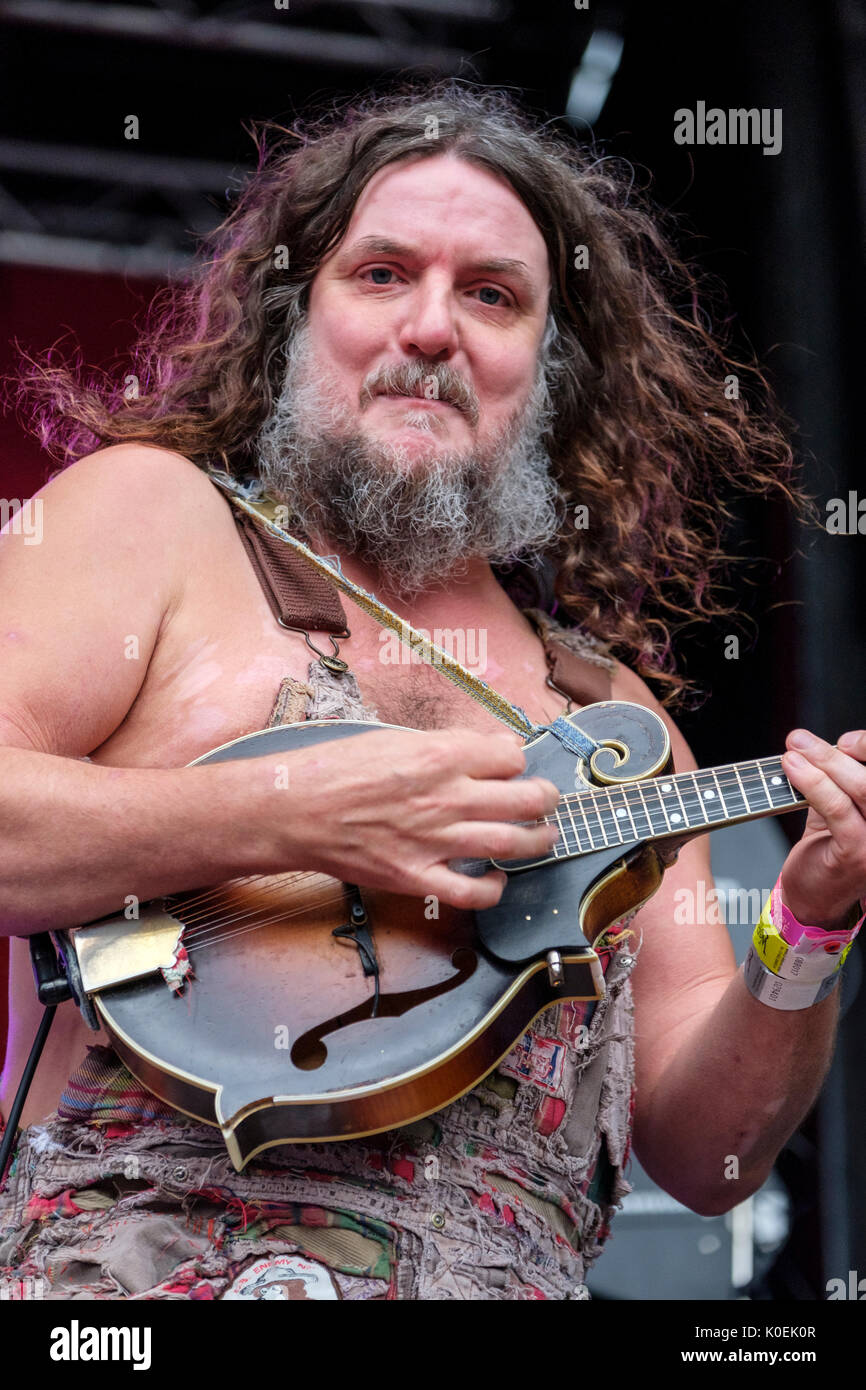 Hippy Joe Hymas von hayseed Dixie durchführen am Weyfest Music Festival, das ländliche Leben Center, Tilford, Surrey, England, 20. August 2017 Stockfoto