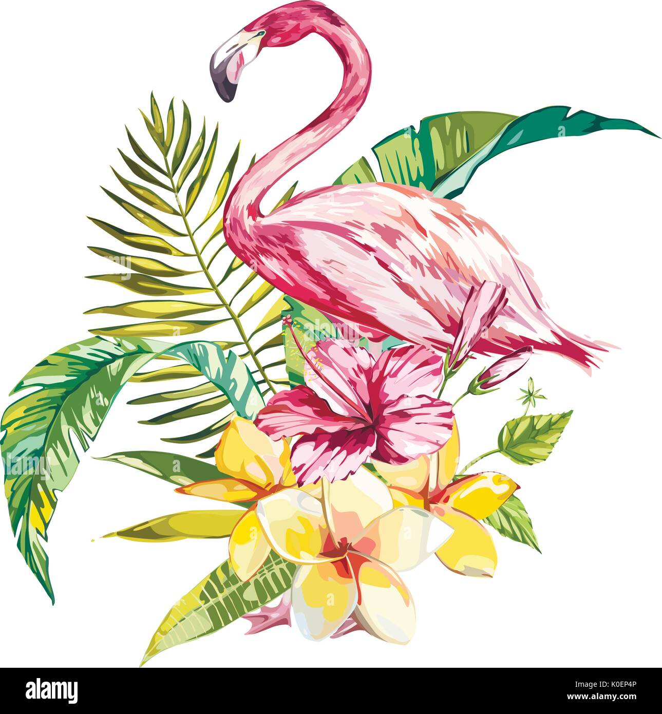 Flamingo mit tropischen Blumen und Blätter. Element für die Gestaltung von Einladungen, Filmplakate, Stoffen und anderen Objekten. Auf weiß isoliert. Vector EPS 10. Stock Vektor