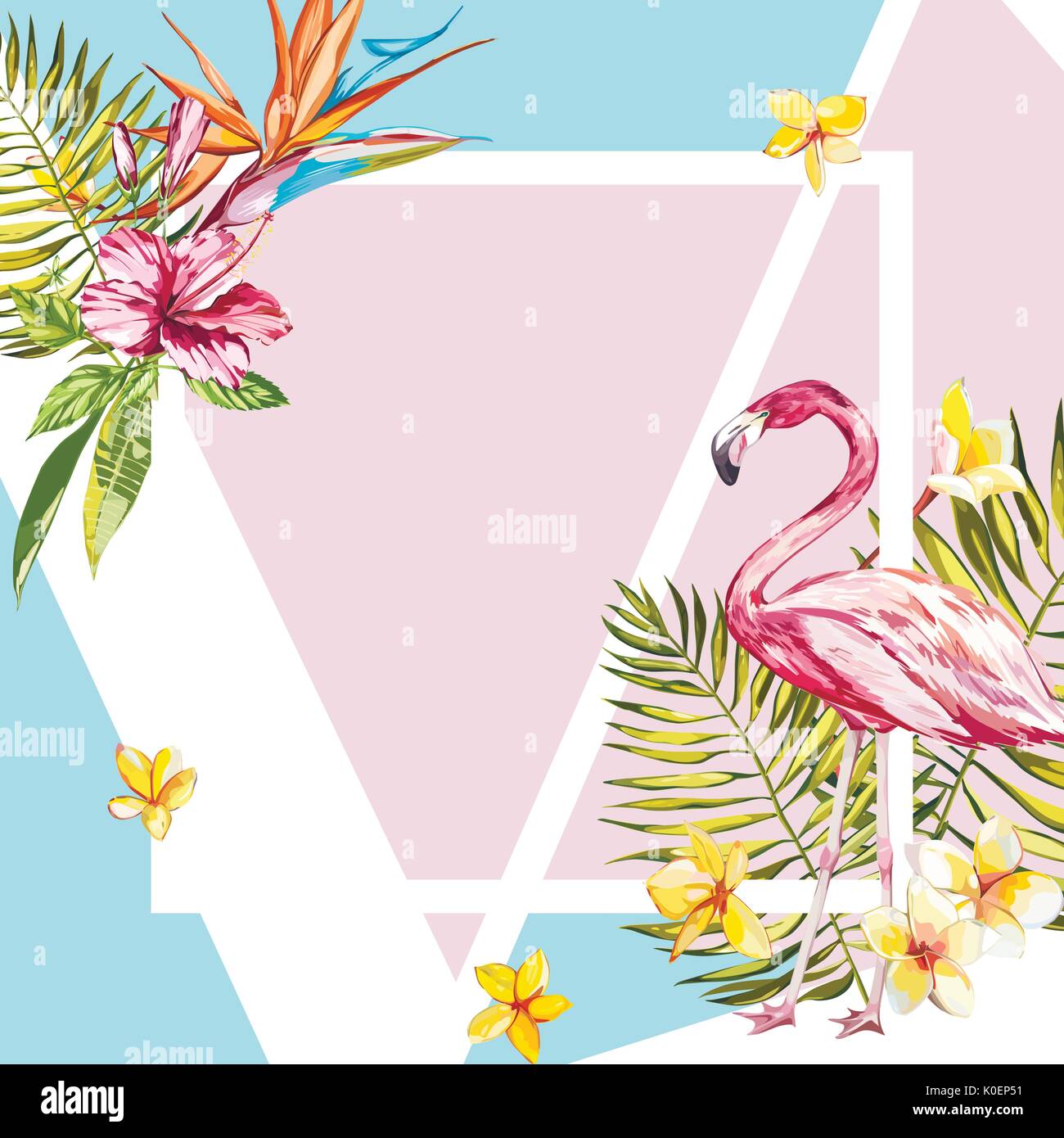 Banner, Poster mit Flamingo, Palmblättern, Dschungel Blatt. Schöne Vektor floral tropischer Sommer Hintergrund. EPS 10. Stock Vektor