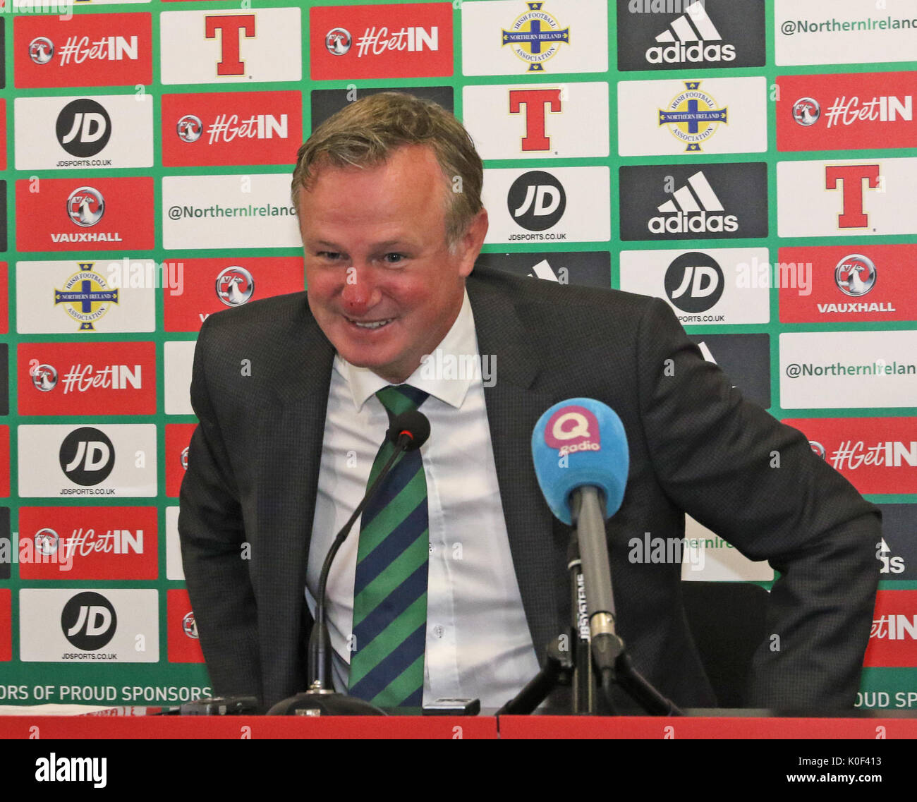 Nationale Fußball-Stadion im Windsor Park, Belfast, Nordirland. 23. August 2017. Nordirland Manager Michael O'Neill nannte seine Mannschaft heute für die kommenden WM-Qualifikationsspiele gegen San Marino (01/09/17) und in der Tschechischen Republik (04/09/17). Quelle: David Hunter/Alamy Leben Nachrichten. Stockfoto