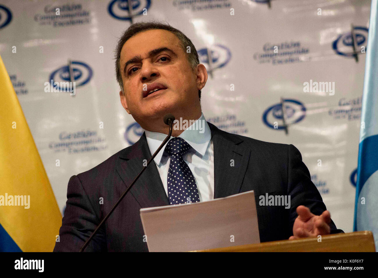 Die neuen venezolanischen Attorney General Tarek William Saab auf einer Pressekonferenz in Caracas, Venezuela, 23. August 2017. Saab ersetzt Luisa Ortega, der in Kolumbien nach ihrer Entlassung floh. Foto: Rayner Pena/dpa Stockfoto