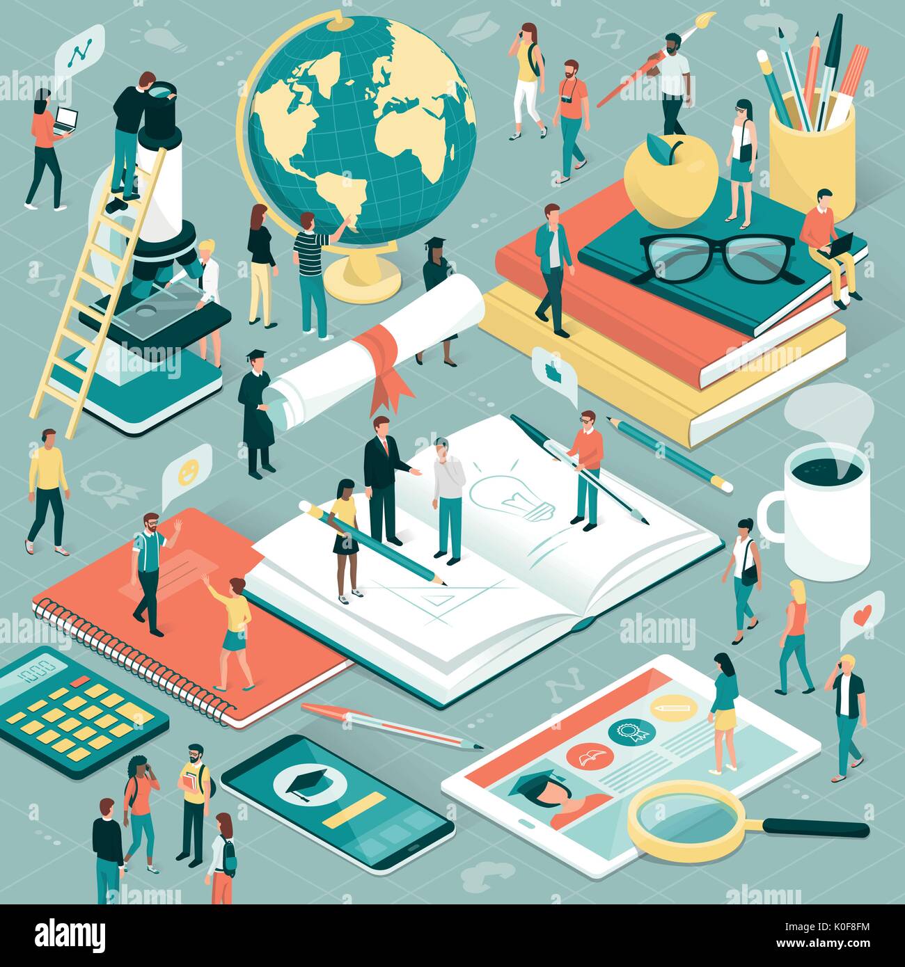 Studenten, Forscher und Professoren zusammen studieren, Schulmaterial und digitale Tablet: Bildung und Forschung Konzept Stock Vektor