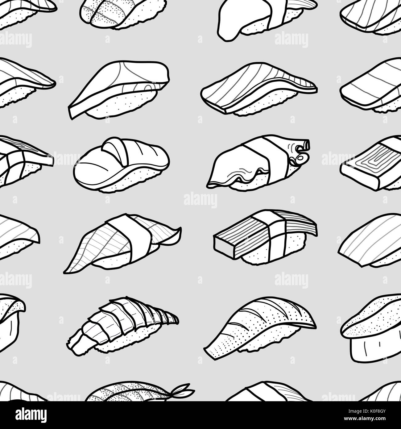 Viel Sushi in schwarzer Umriss array auf hellgrauem Hintergrund. Nettes japanisches Essen Abbildung Hand gezeichneten Stil. Nahtlose patterm. Stock Vektor