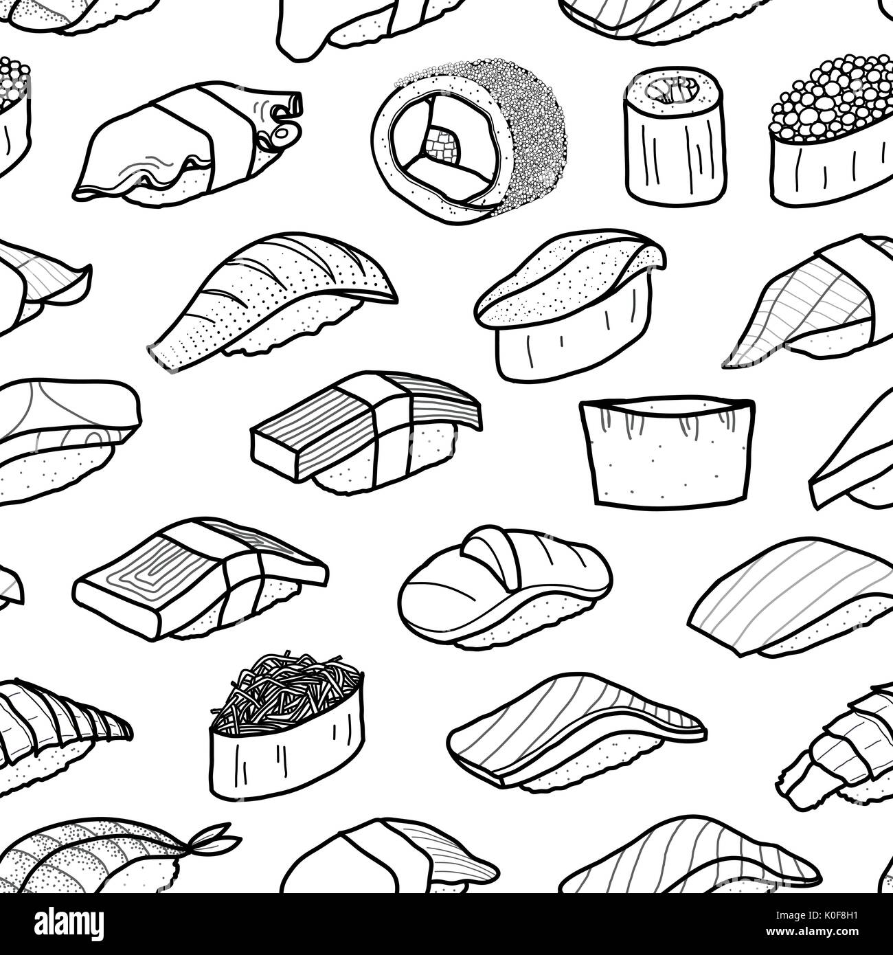 Viel Sushi in schwarzer Umriss random auf weißem Hintergrund. Nettes japanisches Essen Abbildung Hand gezeichneten Stil. nahtlose Muster. Stock Vektor