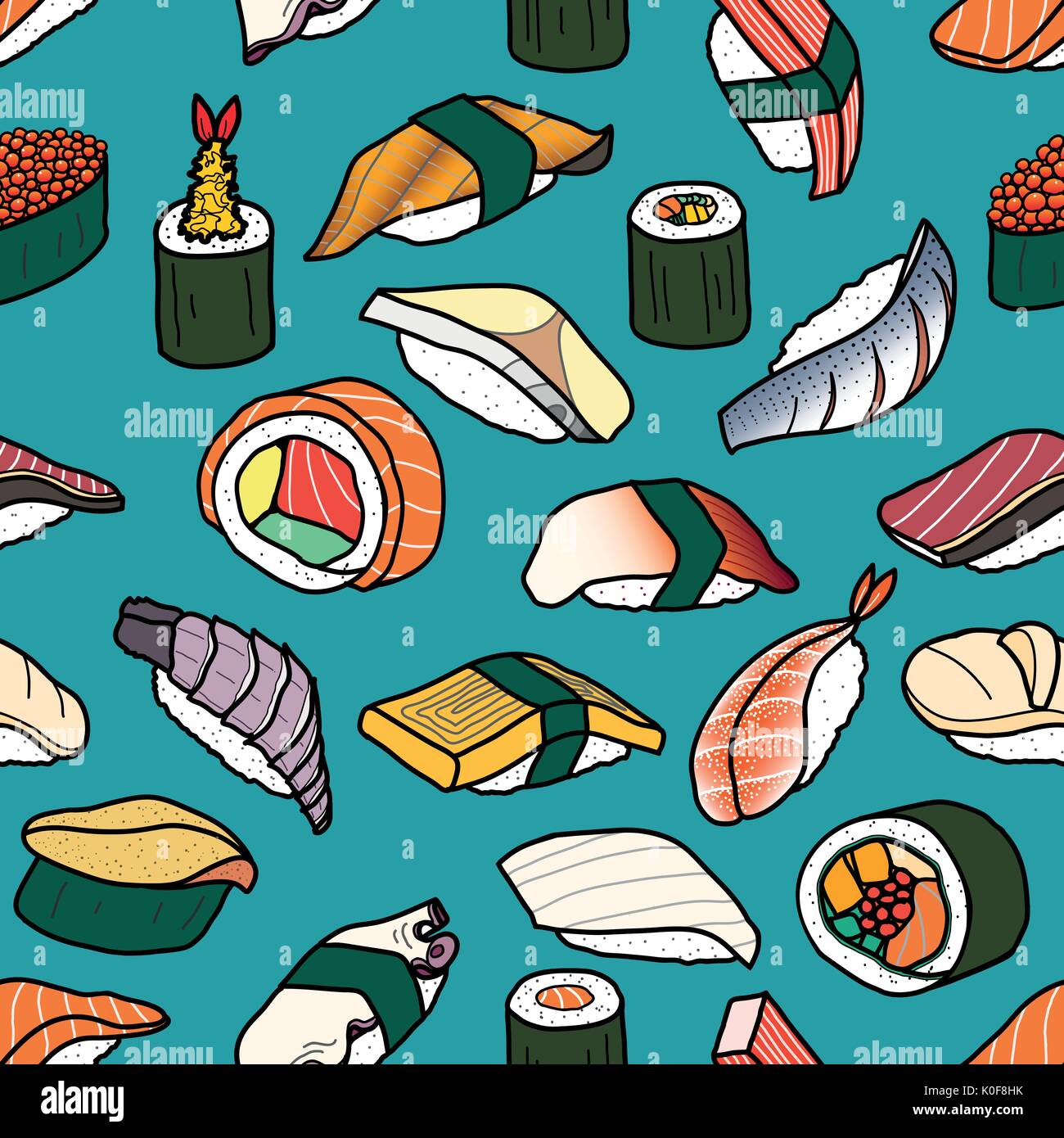 Bunte Sushi random auf Vintage blauen Hintergrund. Nettes japanisches Essen Abbildung Hand gezeichneten Stil. Nahtlose patterm. Stock Vektor