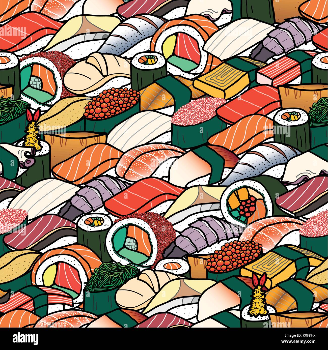 Viele bunte Sushi Roll. Nettes japanisches Essen Abbildung Hand gezeichneten Stil. Nahtlose patterm. Stock Vektor