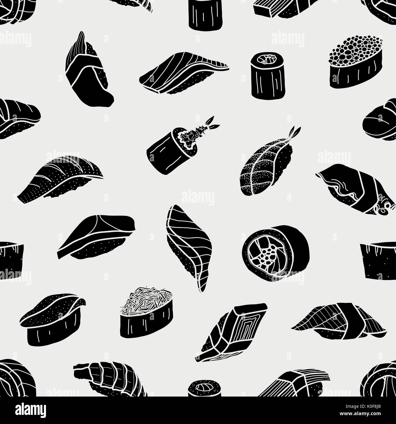 Silhouette sushi Random auf hellgrauem Hintergrund. Nettes japanisches Essen Abbildung Hand gezeichneten Stil. Nahtlose patterm. Stock Vektor