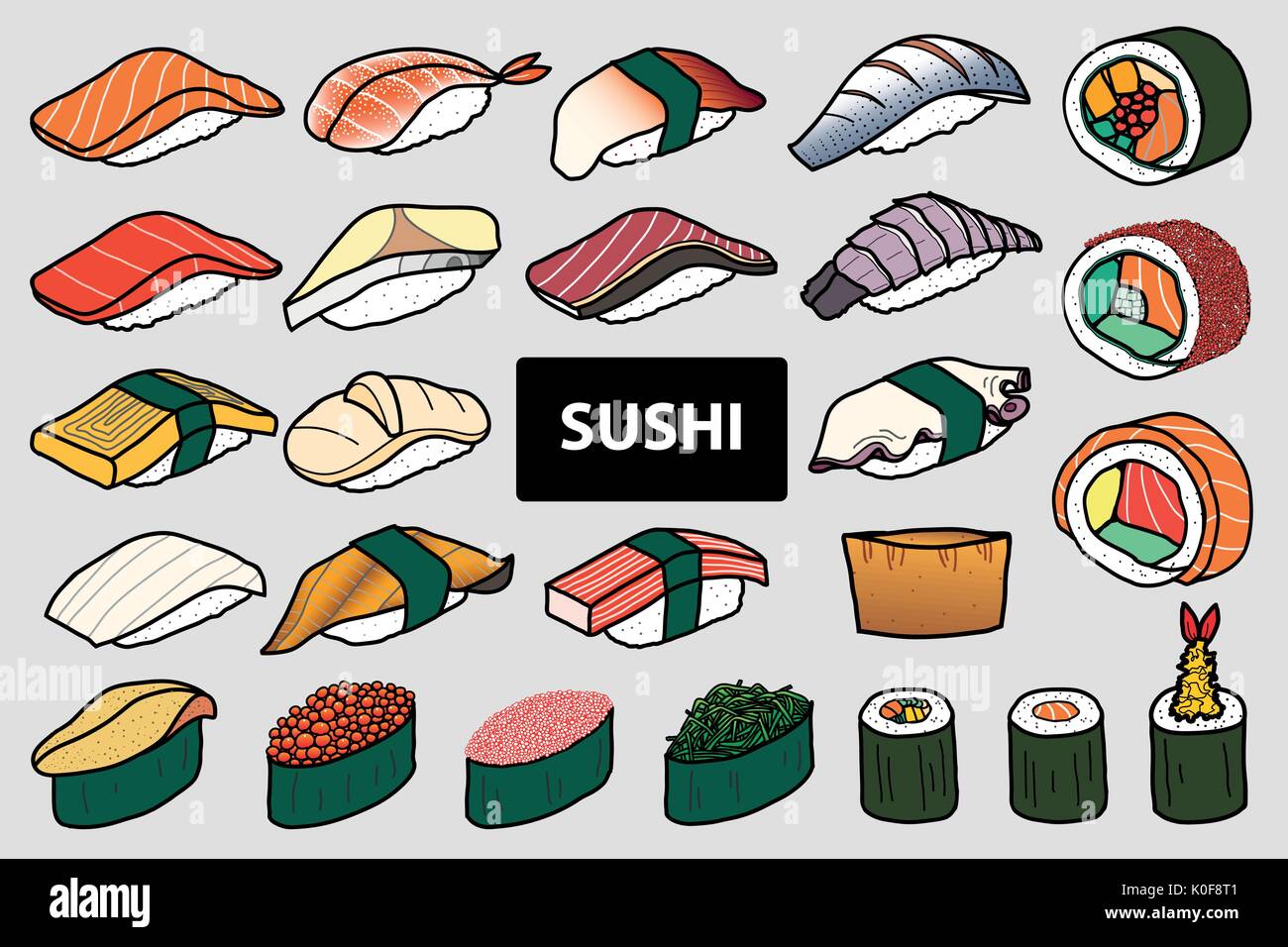 Satz mit 25 isolierte Bunte Sushi Roll. Nettes japanisches Essen Abbildung Hand gezeichneten Stil. Stock Vektor