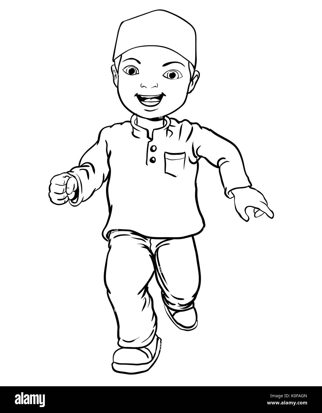 Muslimischer junge Hand Zeichnung glücklich machen. Braune Hose, gelb Shirt. Flache Cartoon Stil. Line Vector Illustration Stock Vektor