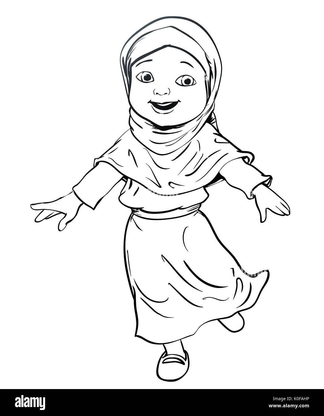 Handzeichnung muslimischen Mädchen glücklich machen. Rosa Kleid und violett Hijab. Flache Cartoon Stil. linie Vektor Illustration Stock Vektor