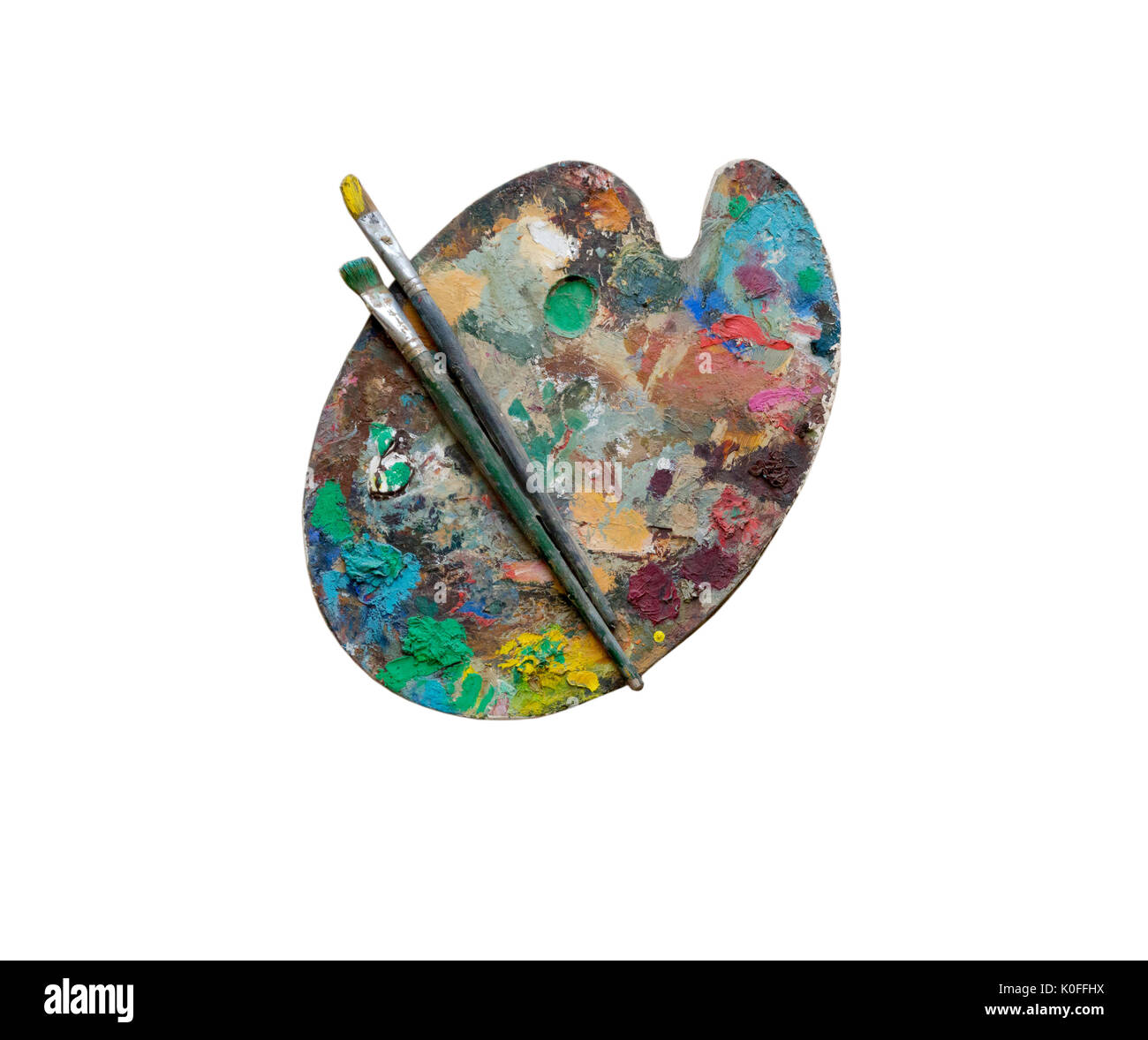 Artist's Palette mit Pinsel und Ölfarben auf weißem Hintergrund Stockfoto