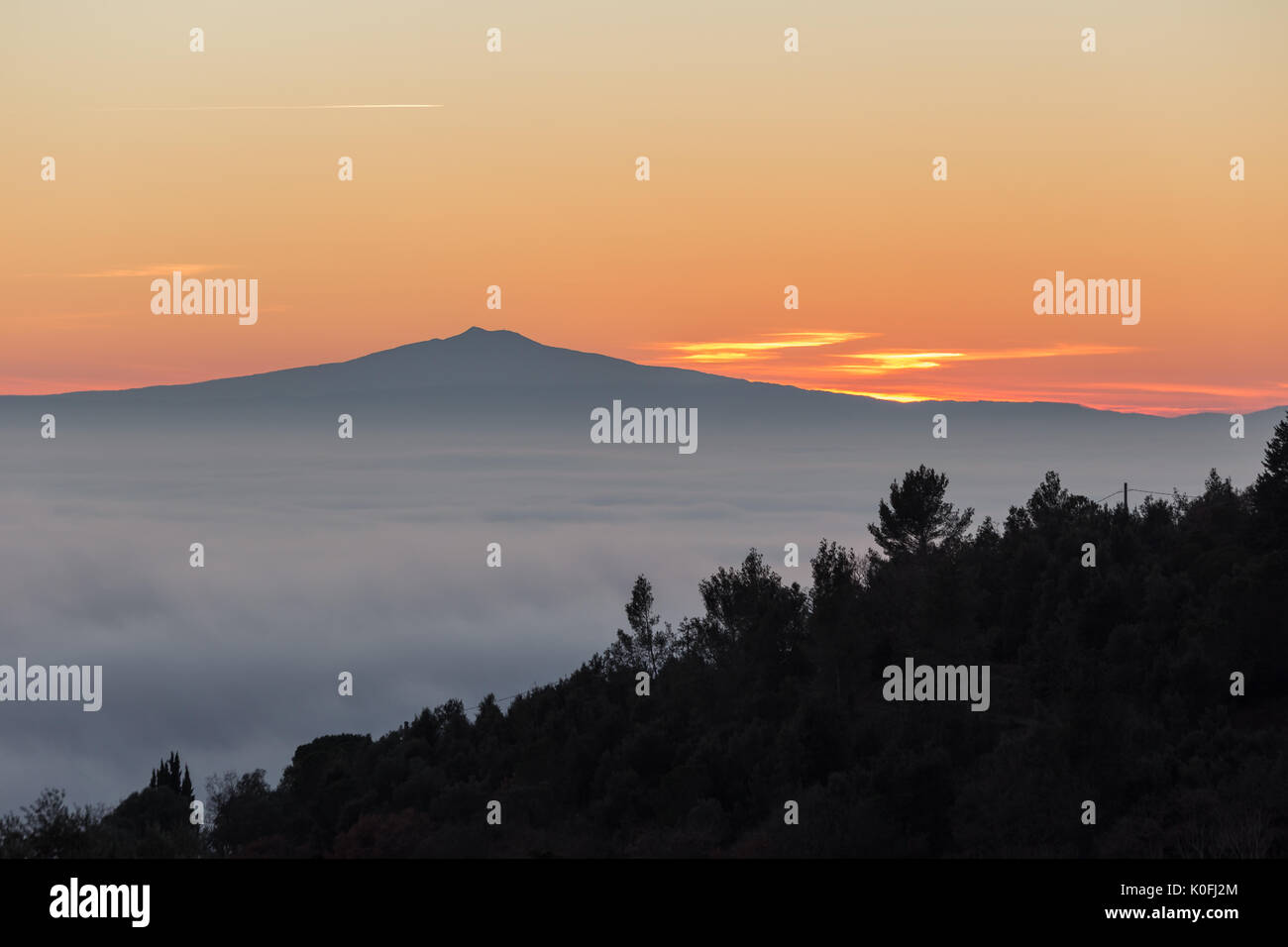 Wunderschöne Aussicht auf ein Tal von Nebel bei Sonnenuntergang, gefüllt mit Bäumen und Pflanzen im Vordergrund, und die entfernten Berge und Hügel im Hintergrund Stockfoto