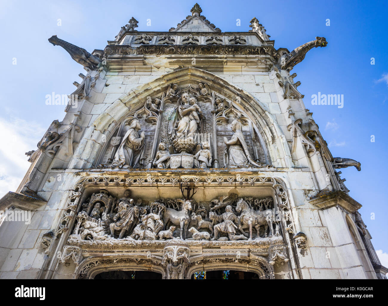 Frankreich, Center-Val de Loire, Amboise, Spätgotischen Steinbildhauerei auf die Kapelle von Saint-Hubert am Königlichen Schloss Château d'Amboise ist die Grabstätte Stockfoto