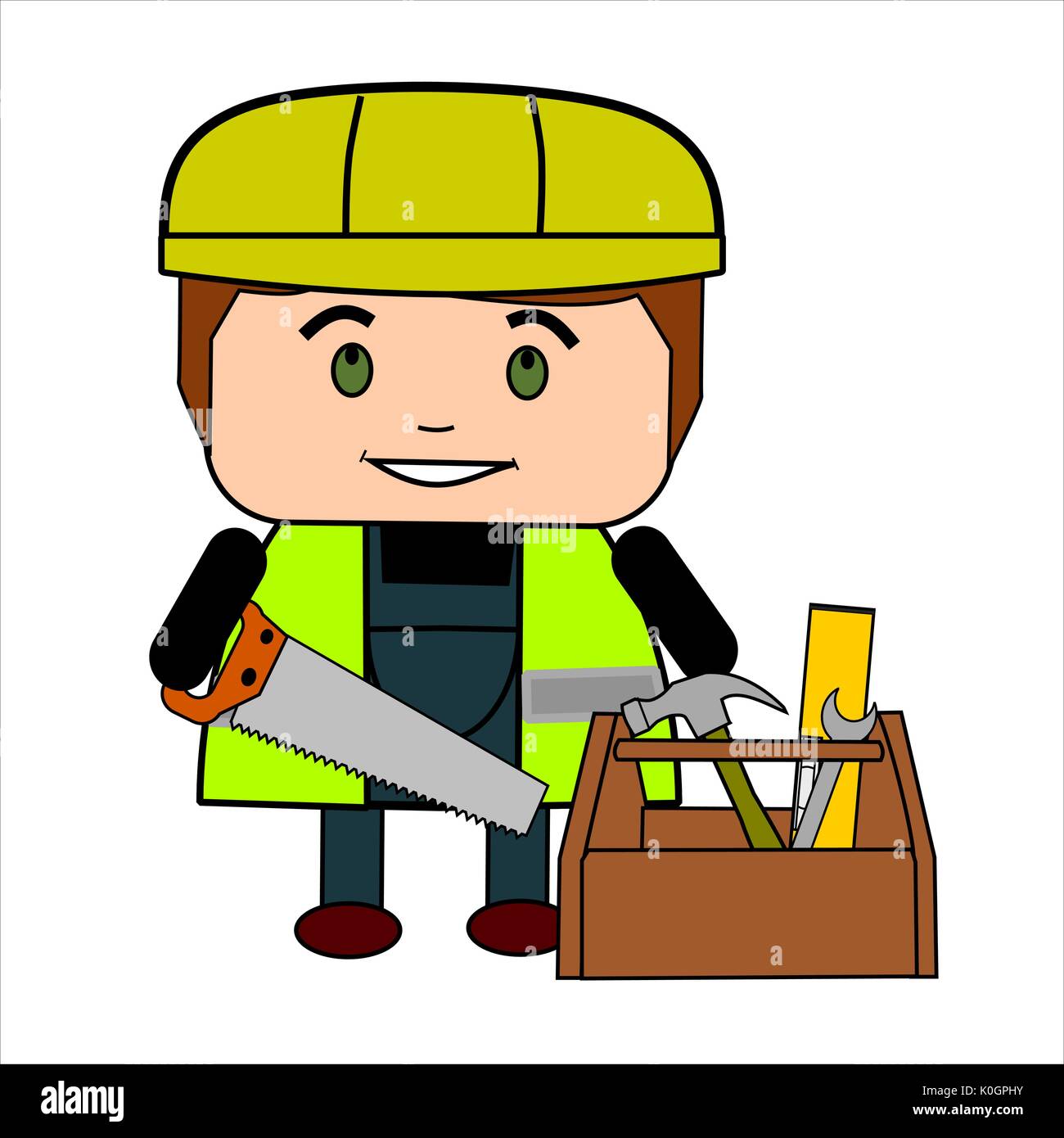 Spaß Cartoon männlichen Builder oder Arbeiter mit Säge, Toolbox, gut sichtbare Weste und Helm. Stock Vektor